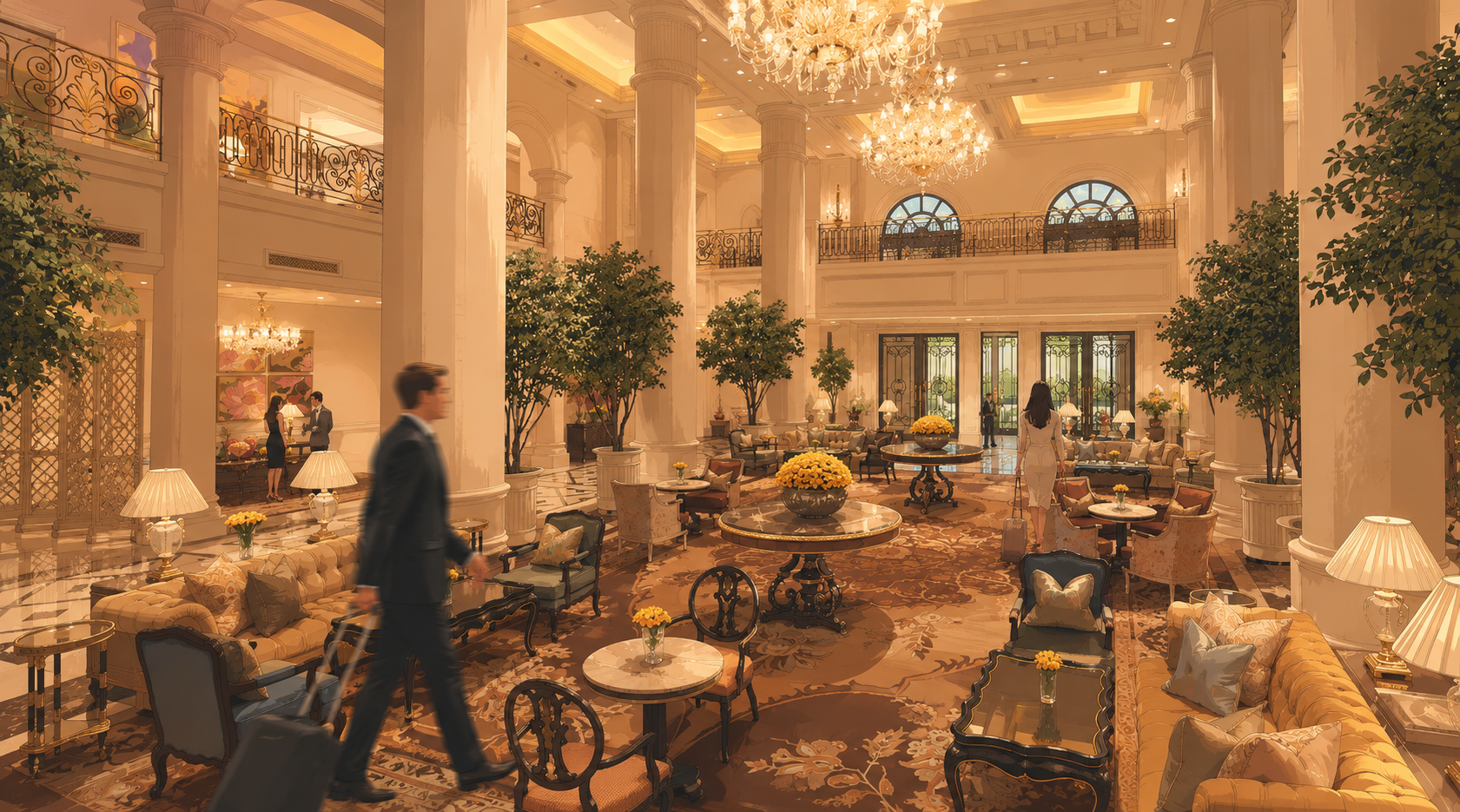 Opulent hotel lobby with chandeliers