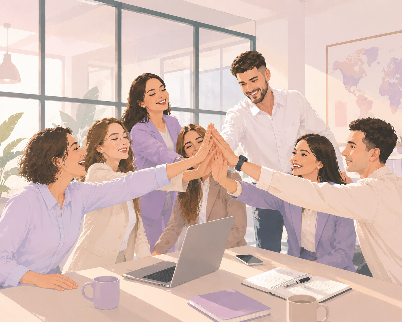 Team celebrating progress in a bright workplace